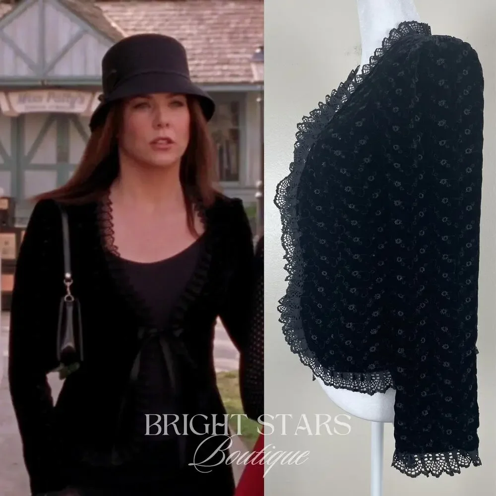 Rare Black Velvet Blazer ASO Lorelia Gilmore Girls Velvet Tie Front Lace Trim - Picture 2 of 13